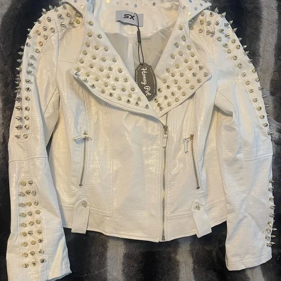 NWT SX Women Faux Leather PU White Jacket Studded Rivet Fashion Jacket Size M - Picture 2 of 12